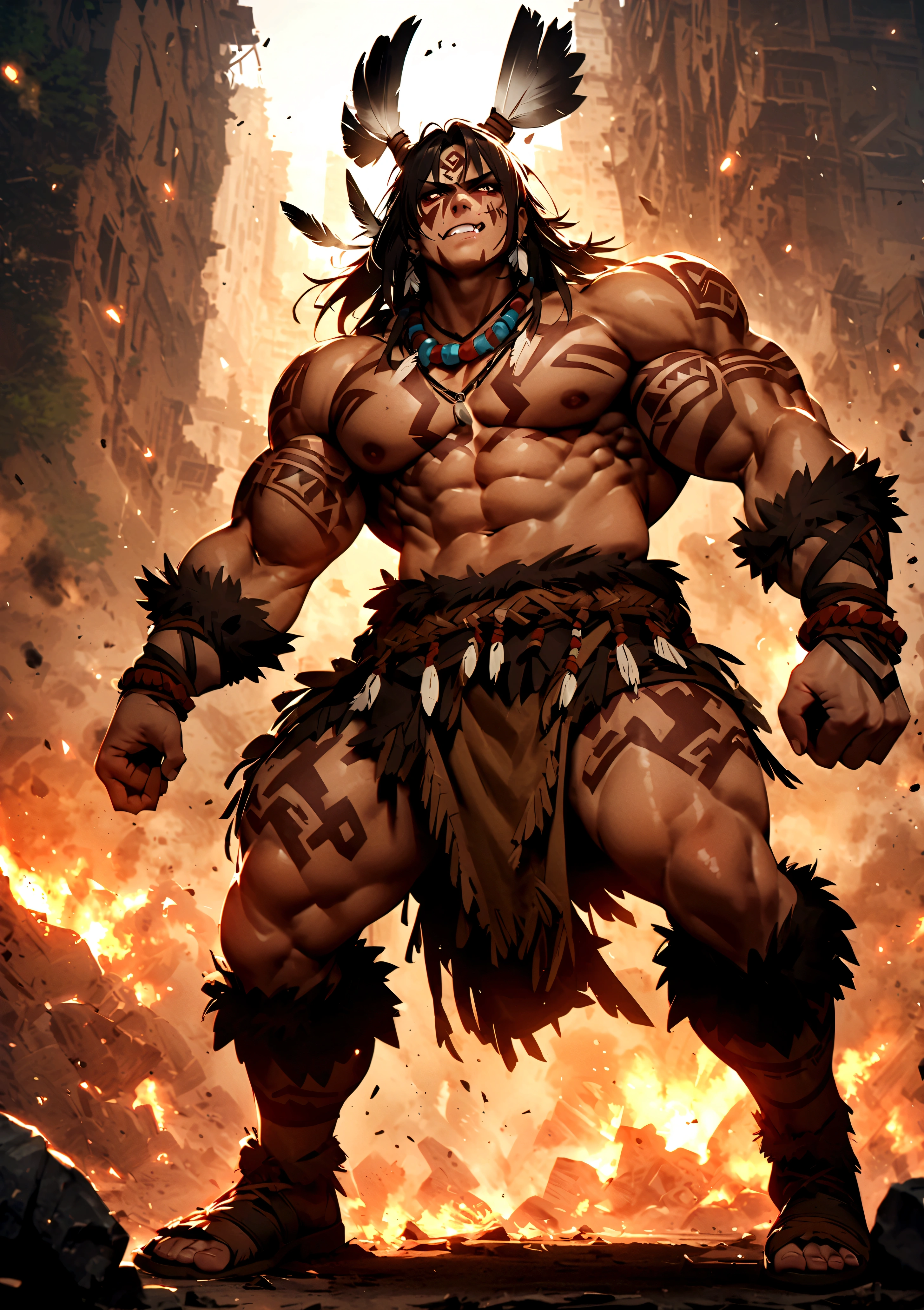 Highest quality、Masterpiece、detailed、4K、8K、forest、Uncivilized tribes、barbarian、Barbarian、Tattoos on the face、Full body tattoos、Fang Necklace、Clothing made from animal skins、Muscular body、Hunting tribes、Battle Axe、destruction、Berserker Mode、Frenzy、殺戮とdestruction、Feather ornament