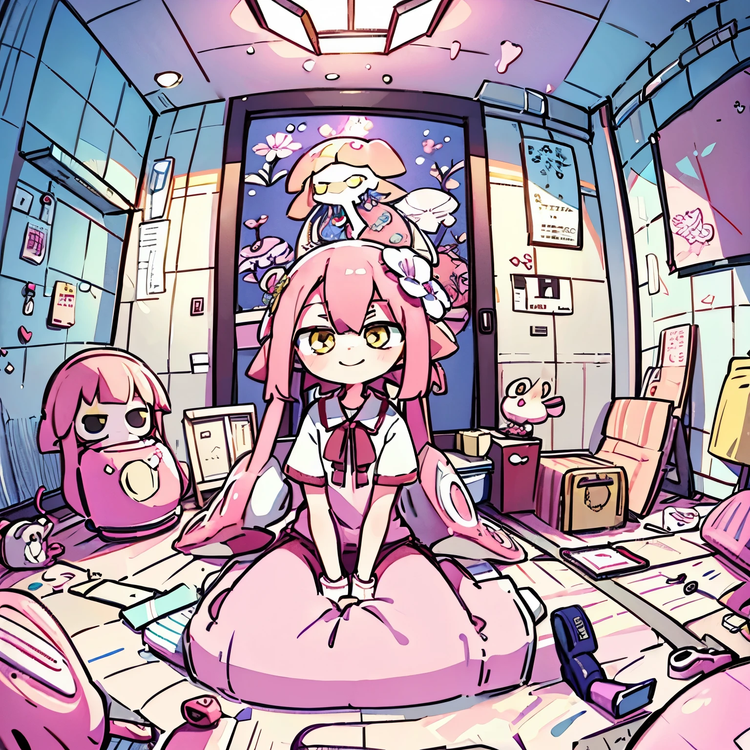 masterpiece、Highest quality、High resolution、Inside the room、large room、American style room、Wide angle、Fisheye Lens、Splatoon Girl、Golden Eyes、Pink tentacle hair、smile、Beautiful depiction of girls、sitting in a chair facing a desk、Cute room、There are lots of flowers、Put a gun on the wall、Lots of guns、Guns lined up on the wall、