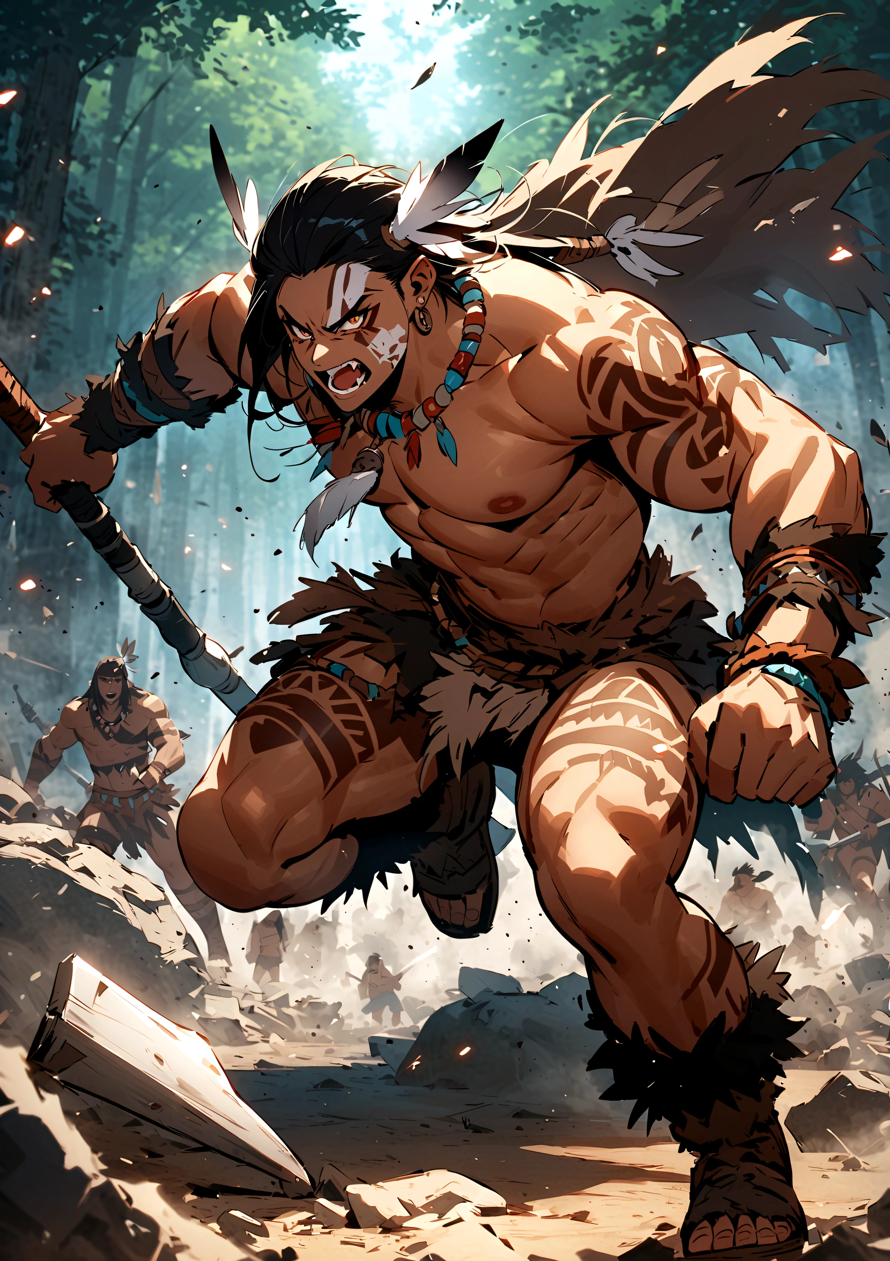 Highest quality、Masterpiece、detailed、4K、8K、forest、Uncivilized tribes、barbarian、Barbarian、Tattoos on the face、Full body tattoos、Fang Necklace、Clothing made from animal skins、Muscular body、Hunting tribes、Battle Axe、destruction、Berserker Mode、Frenzy、殺戮とdestruction、Feather ornament
