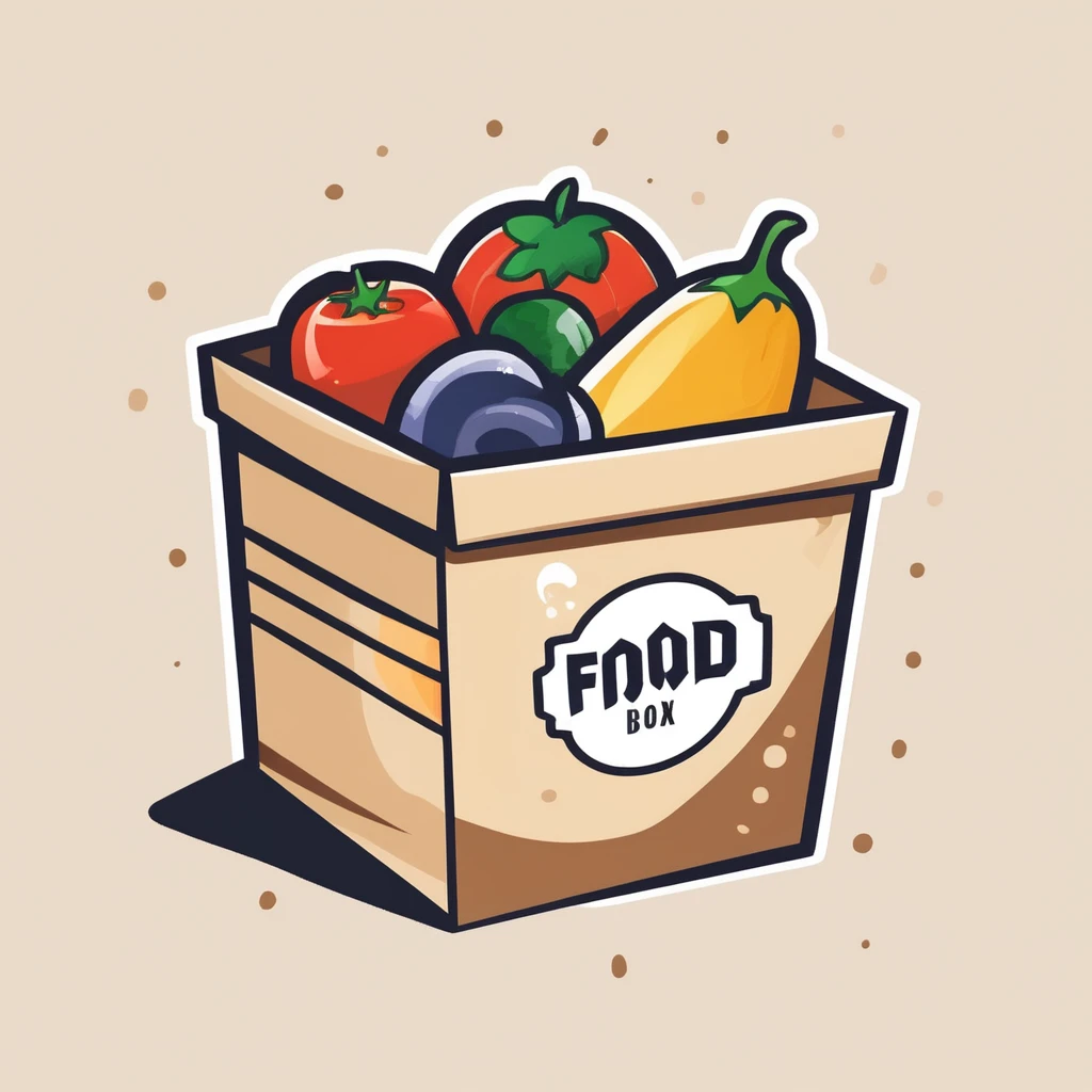 {food box}, { Game icons }, Worn Label, Simple Illustration, Brand Logo, Moderate Saturation, solid color background, correct, logo, dusty, Realism