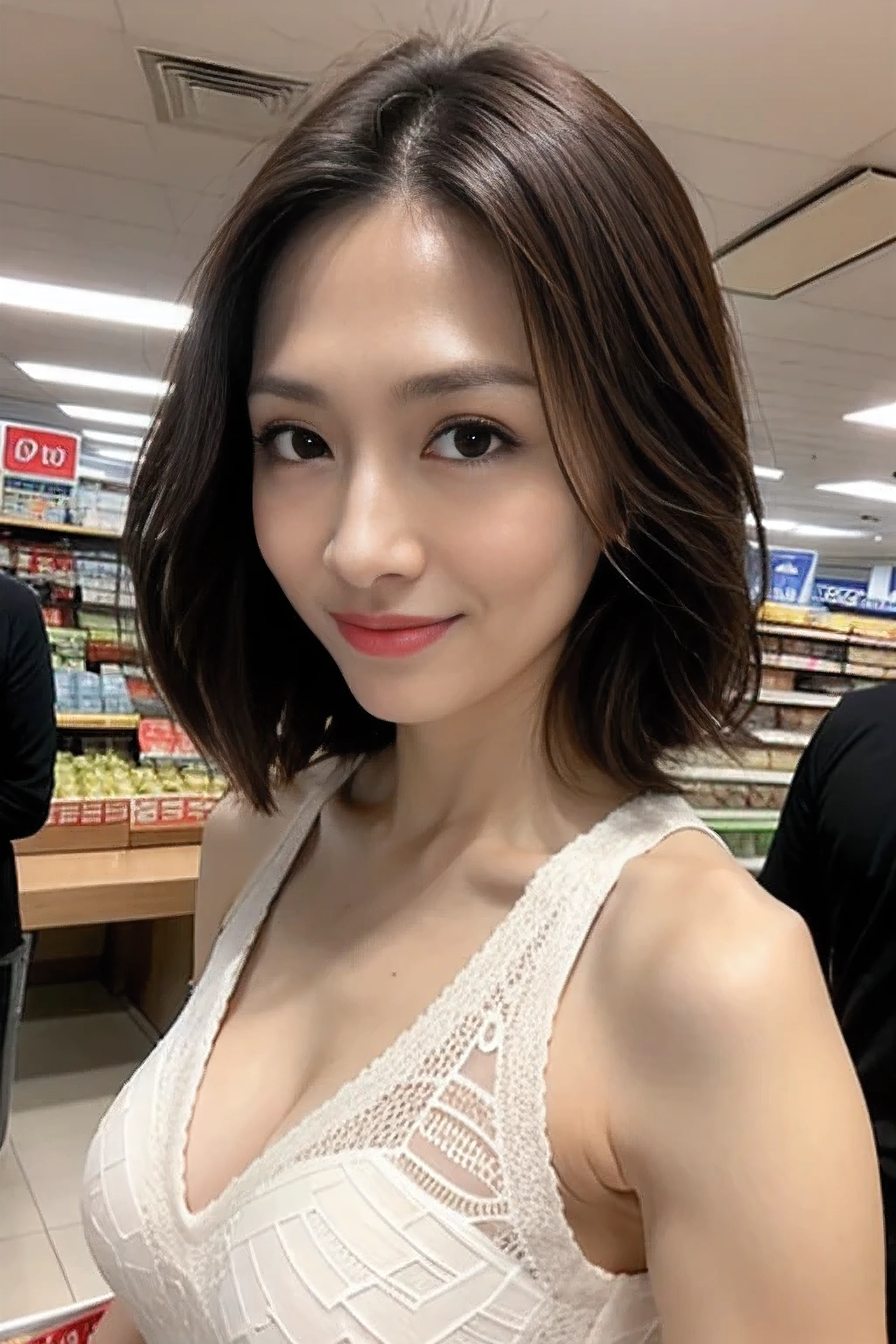 Dark brown hair, Light brown eyes, Chinese women, 40 years old, Intricate details, Upper body photo, (delicate eyes), (Detailed facial features), best quality, Ultra-high resolution, 8k resolution, Writing border depth, in the city, Large breasts1:2, cleveage, dress, (short hair), (View your audience), (Strike sexy poses),In the supermarket