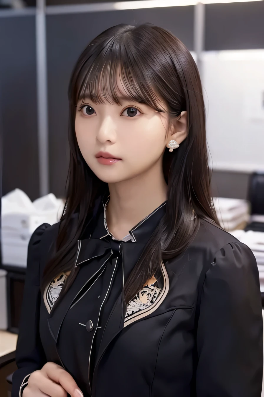 Beautiful young woman、、 Intricate details, 、ear piercing、、Expressionless、Black Hair、 Clear beauty, (High quality fabric, Office Lady Suits 、Jacket、Unbuttoned shirt、Necklace around the neck、Dark eyeliner、 The background is the office