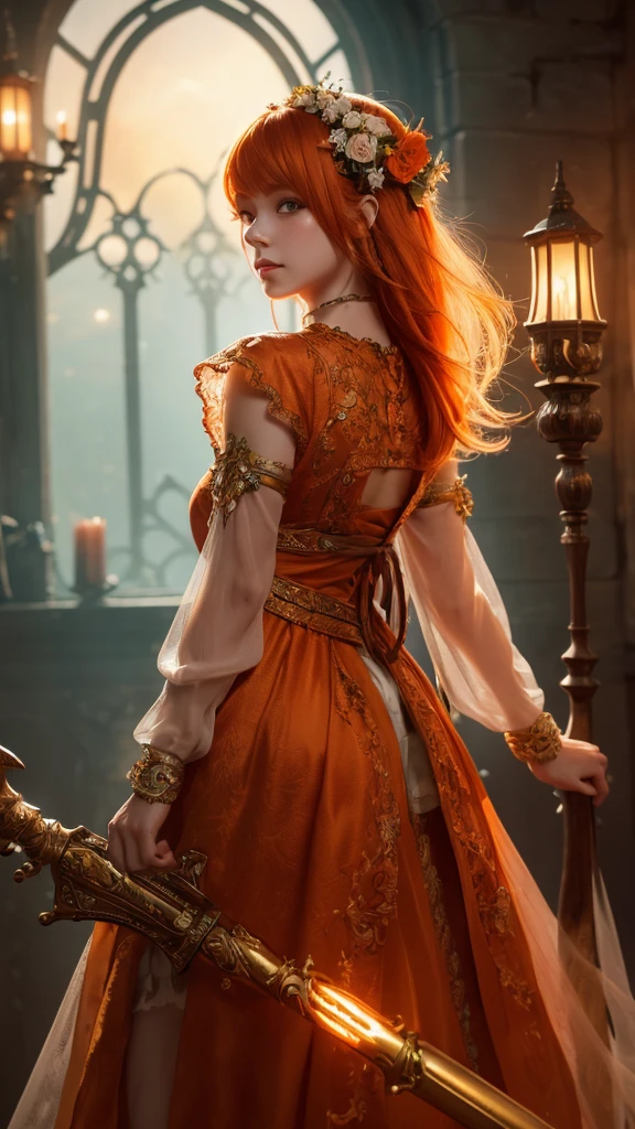 (masterpiece:1.4), (Highest quality:1.4), Fantasy, extremely detailed, Complex, hyper detailed, figure,Soft lighting, One girl, Orange Hair_flower, dress, bend_that&#39;s all , Grin, (perfection_face), Sitting, machine, Brilliant, Complex, Dramatic lighting, 4K, detailed_background, Caustics, full_body, Digital_figure, from_~ side 