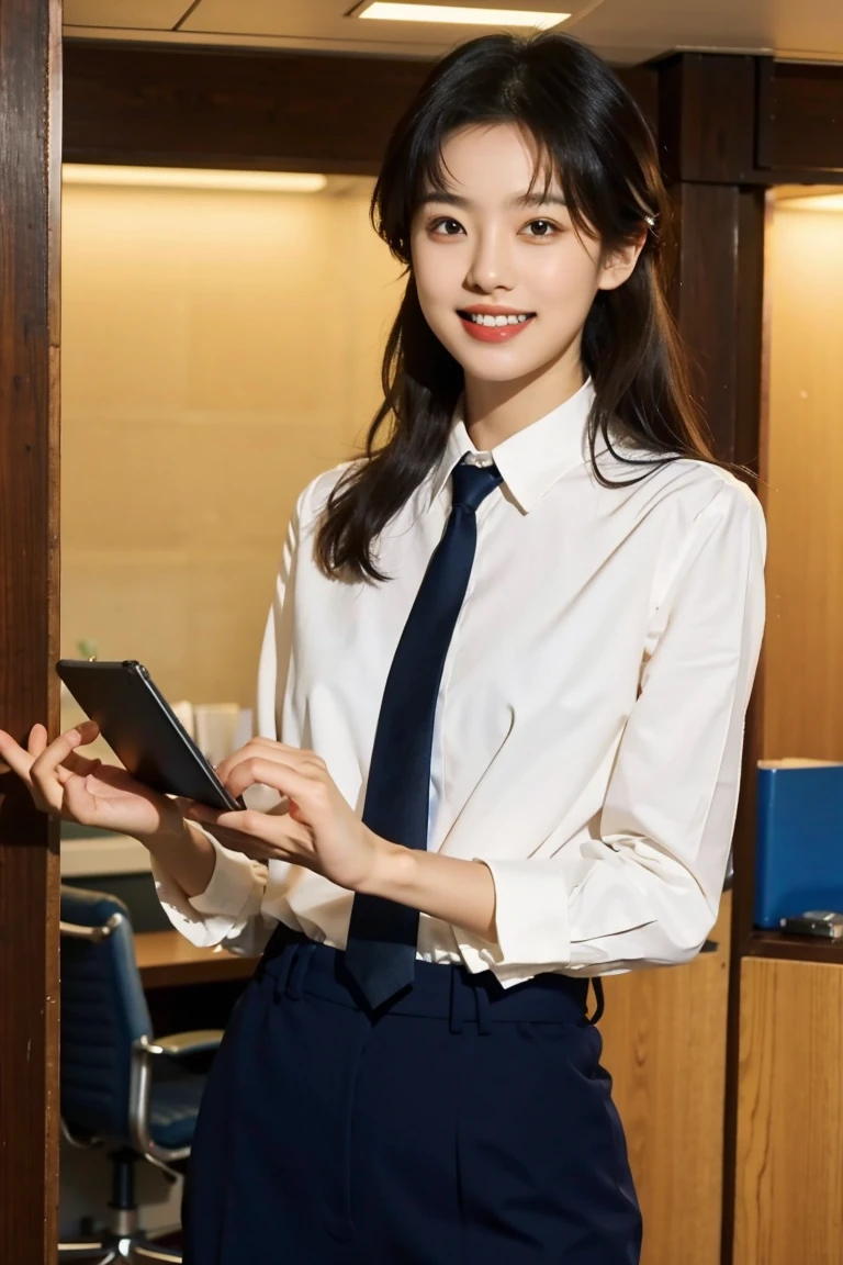 Woman in her early 20s,alone, Natural smile with visible teeth, office lady, Navy business suit , Use your palm to navigate the menu on the side, View your viewers