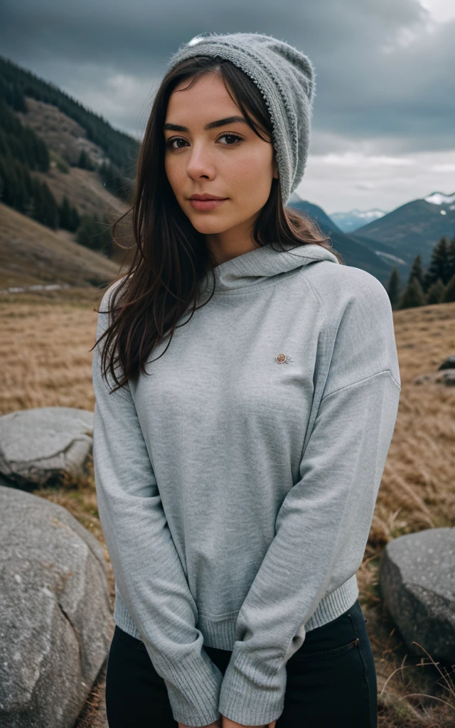 photorrealistic, best quality, hyper detailled, Beautiful woman, selfie shot, upperbody, standing alone, wearing pullover, plein-air, (natta), mountainscape, real life nature, stele, moonligh, (happy, glad), sleeping bag, mitts, sweater, bonnet, latern, forst, rockery, Riu, Wood, smoke billowing, mistborn, clear sky, analogue style, Looking at Viewer, texture skin, filmic grain, close up, ultra high-resolution, best shade, .RAW, instagram LUT