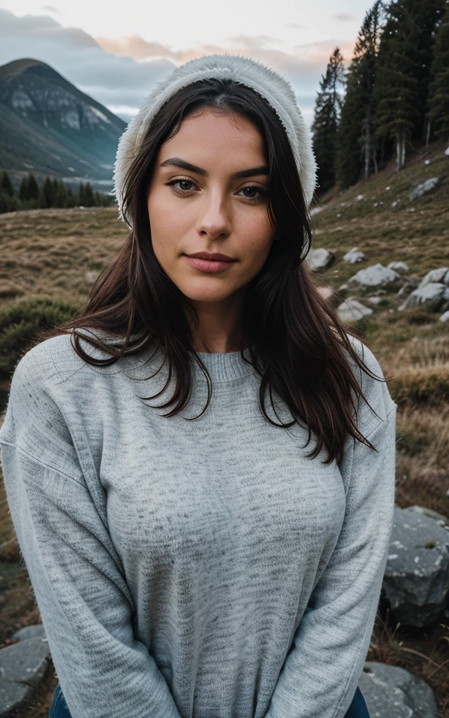 photorrealistic, best quality, hyper detailled, Beautiful woman, selfie shot, upperbody, standing alone, wearing pullover, plein-air, (natta), mountainscape, real life nature, stele, moonligh, (happy, glad), sleeping bag, mitts, sweater, bonnet, latern, forst, rockery, Riu, Wood, smoke billowing, mistborn, clear sky, analogue style, Looking at Viewer, texture skin, filmic grain, close up, ultra high-resolution, best shade, .RAW, instagram LUT