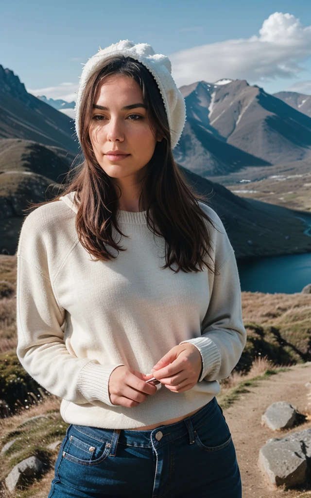 photorrealistic, best quality, hyper detailled, Beautiful woman, selfie shot, upperbody, standing alone, wearing pullover, plein-air, (natta), mountainscape, real life nature, stele, moonligh, (happy, glad), sleeping bag, mitts, sweater, bonnet, latern, forst, rockery, Riu, Wood, smoke billowing, mistborn, clear sky, analogue style, Looking at Viewer, texture skin, filmic grain, close up, ultra high-resolution, best shade, .RAW, instagram LUT