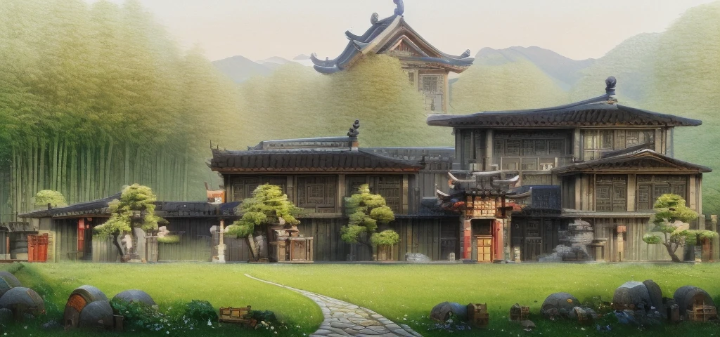 Highest quality，Chinese Ink Painting，antiquity,Rural buildings between mountains and rivers，Rectangular architecture，People view，Glass facades，Clean sky，Clean glass，Trees，Soft sunlight，Decorative Arts，Sloped roof，Best quality,Architectural Photography,Photorealism,Hyperrealism,Ultra Detailed，V-ray，（architectural design）