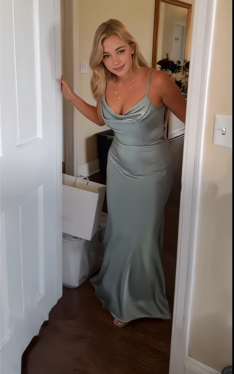 a one woman, americana, age 25, pale skin and freckles, grey-eyed, delicate nose, soft and delicate lips, distant, long wavy waist length blondie hair, Sweet smile, face with delicate feminine facial features, Highly Rendering