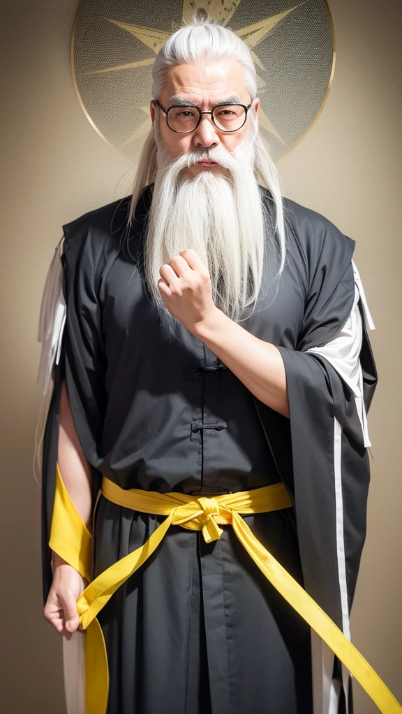Ancient Chinese thinker Confucius Yellow costume Slender old man Fine white beard Stern expression Looking this way