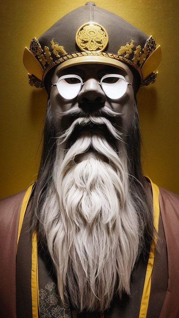 Ancient Chinese thinker Confucius Yellow costume Slender old man Fine white beard Stern expression Looking this way