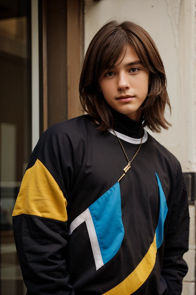 Cute boy, brown hair, blue and black clothes