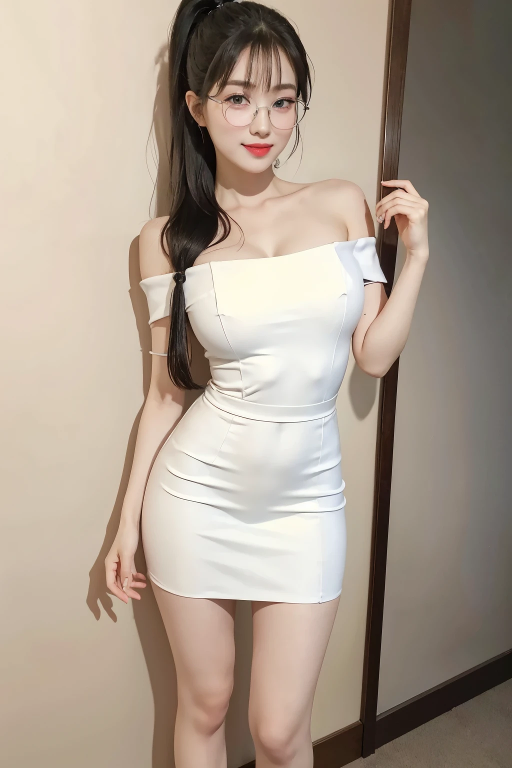 (Best quality, masterpiece, detailed), (RAW, 4k, hd images), shy, 1 girl, , white skin, long hair, ponytail, layers hair, bangs, black hair, beautiful girl, cute girl, sweet girl, pretty girl, perfect girl, pretty eyes, blue eyes, thin lips, thin, (eye line, lip stick soft), perfect boobs, glasses(detailed frame), room, smile, thigh, white off shoulder clothes, black short skirt, standing, white wall background, pose like a model, facing on camera, full body, full legs, foot with high heels