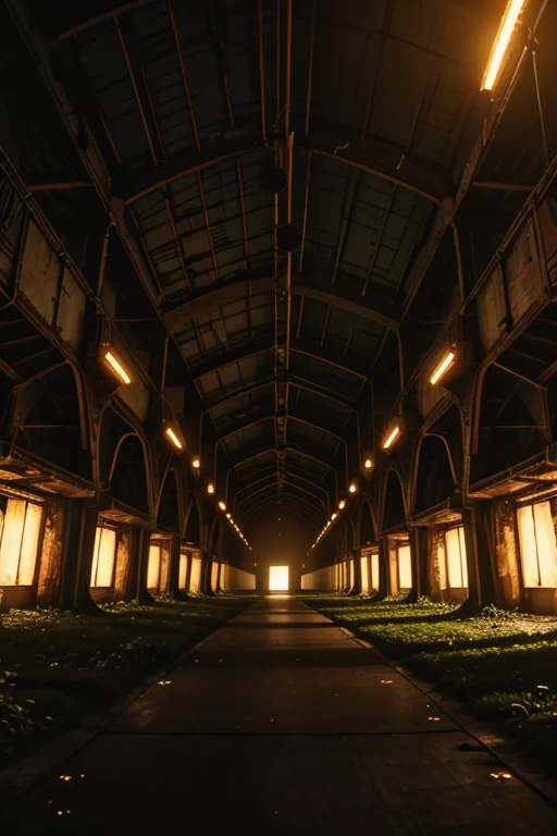 The interior view down a wide hall of a dark, dimly lit, underground military base with fairy cyberpunk vibes, vine growth, and glowing mushrooms