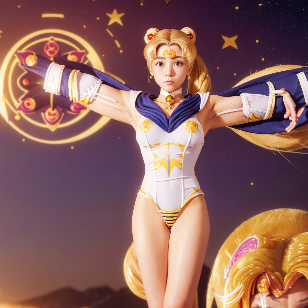 Highest quality,masterpiece,Ultra-high resolution, Very detailed, 8K,14 year old beautiful Japanese woman:1.5, Small face, Blonde, ((Woman crucified on the cross:1.5, Breast Augmentation Surgery)), (Detailed Sailor Moon costume:1.5), Very detailedな臭い脇の下、 Dynamic Angle