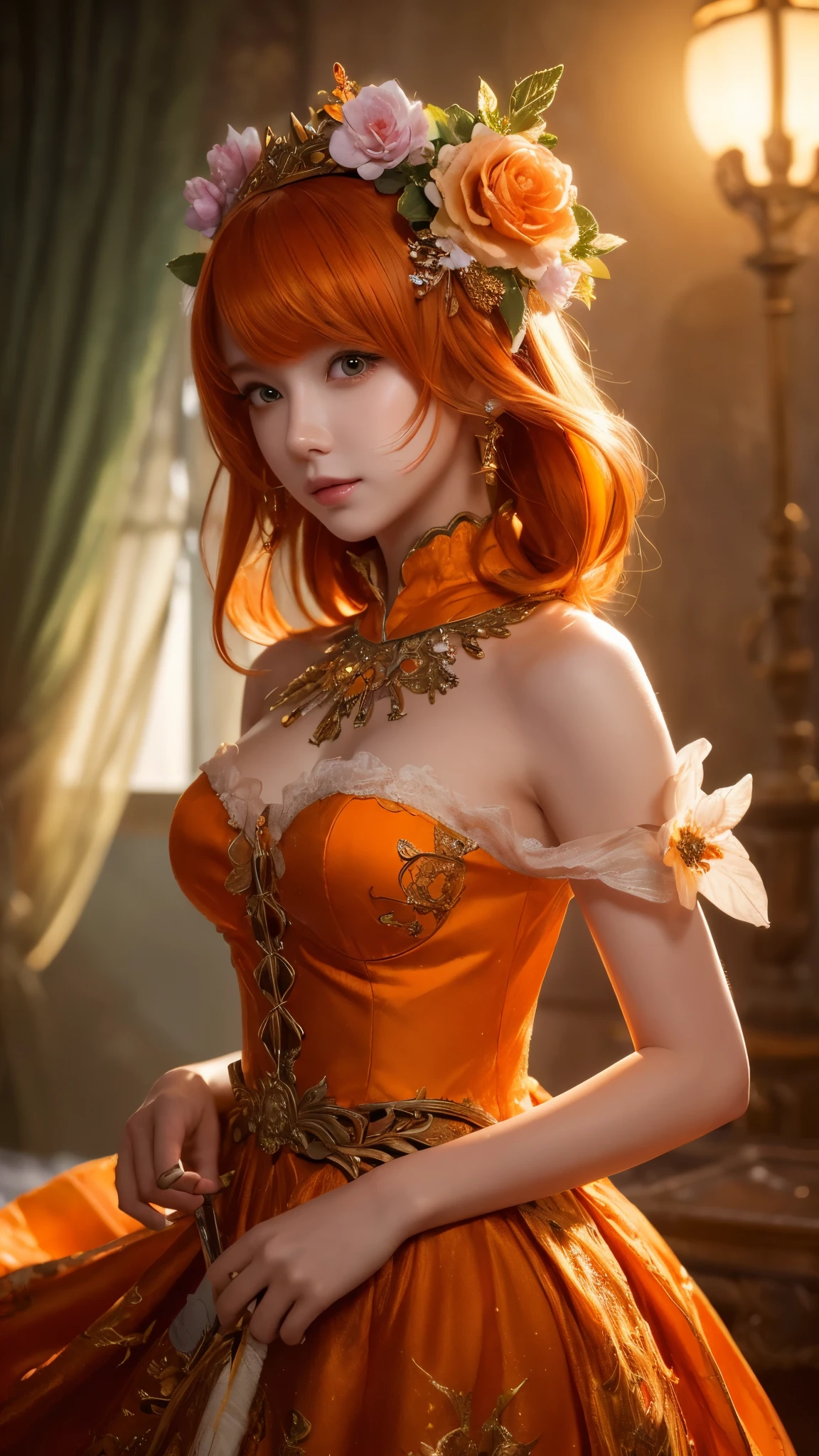 (masterpiece:1.4), (Highest quality:1.4), Fantasy, extremely detailed, Complex, hyper detailed, figure,Soft lighting, One girl, Orange Hair_flower, dress, bend_that's all , Grin, (perfection_face), Sitting, machine, Brilliant, Complex, Dramatic lighting, 4K, detailed_background, Caustics, full_body, Digital_figure, from_~ side