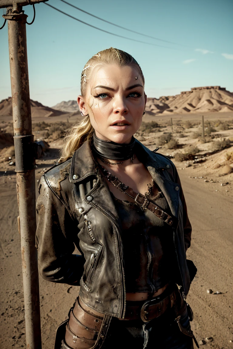 Biker girl with blonde hair shaved on the side of the head is shaved close to the scalp in an undercut style. Natalie Dormer's face. Worn and old leather clothes with jacket with a neckerchief. She wears old combat boots. The hands are bandaged. She has bright blue eyes. The environment is post-apocalyptic desert. A Wasteland. Mad Max. Fury Road. Cressida.