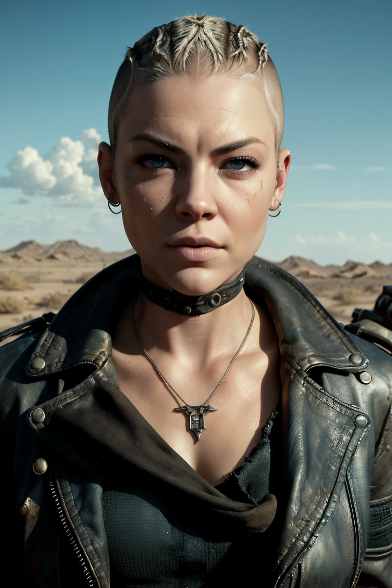 Biker girl with blonde hair shaved on the side of the head is shaved close to the scalp in an undercut style. Natalie Dormer's face. Worn and old leather clothes with jacket with a neckerchief. She wears old combat boots. The hands are bandaged. She has bright blue eyes. The environment is post-apocalyptic desert. A Wasteland. Mad Max. Fury Road. Cressida.