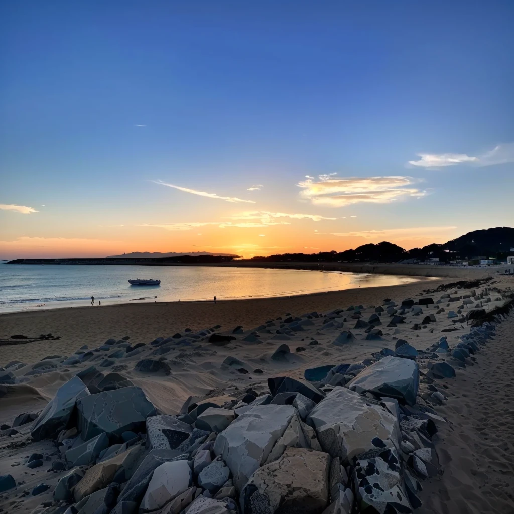 Overlooking the beach，There are rocks and a flag on it, Sunset, Shot with iPhone 1 3 Pro max, Shot with Sigma 2.0mm f/1.0. 4, Sunset, Shot with Canon EOS R 6, Shot with iPhone 1 3 Pro, Shooting during the golden hour, 8k hdr sunset lights, Shot with iPhone 1 3 Pro