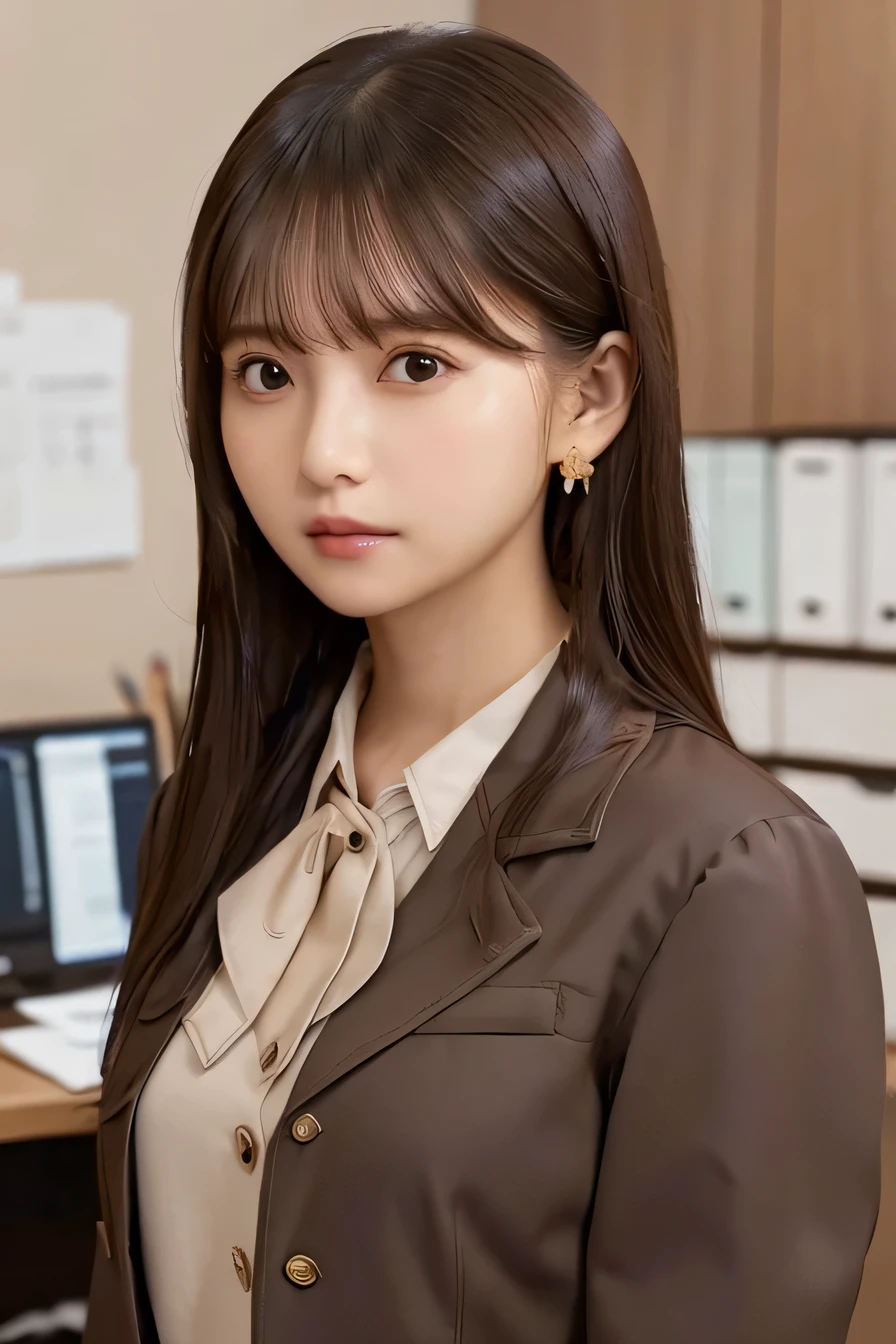 Young woman、、 Intricate details, 、ear piercing、looking at the camera、Expressionless、Brown Hair、 Clear beauty, (High quality fabric, Office Lady Suits 、Jacket、Unbuttoned shirt、Necklace around the neck、Dark eyeliner、 The background is the office