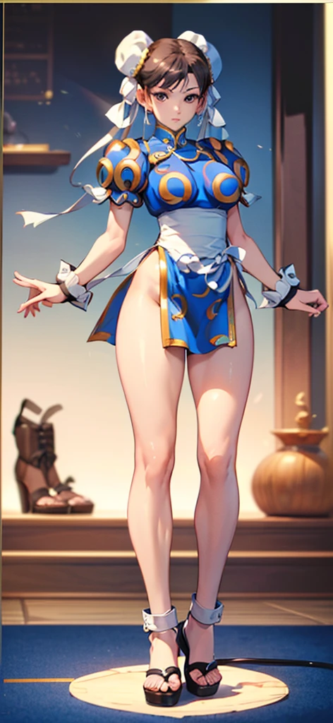 (Chun-Li:1.4),((masterpiece)), ((best quality)), ((ultra detailed)), ((kawaii)), cute, (lovely), ((extremely detailed)), ((8K)), (beautiful), full body,solo, standing,tiny breast