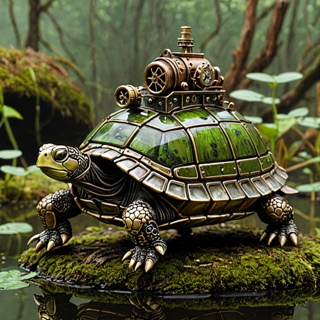a steampunk turtle, solo, small, swamp,