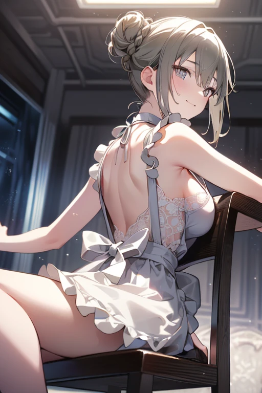 (A masterpiece of image quality in 8K),(from below:1.2),(Beautiful Allafed Woman),(((emphasizing breasts:1.0))),(Dynamic angles),(Dynamic and sexy bending pose:1.3),(sit a chair:1.3),(Short hair in shiny silver and orange inner colors,(perky chest:1.1), (pointed chest:1.3),small full breasts,Disturbance of clothing due to movement,breast slip,(Ponytail twisted buns adorned with elaborate braids and beads,Braided Setup Fishbone Hair,),(see-through bangs),small breasts、(((A white lace apron that shows your bare skin from under your small breasts)))、Blush with embarrassment、Enraptured eyes、A smile that beguiles the viewer、(Look back:1.2)、Look into the photographer,skin glistening with sweat,gazing at viewer,,(Professional Lighting),(8K,masutepiece,top-quality,Ultra-high resolution output image,),(Ultra HD with complex detail image modes),depth of fields,Beautiful hands,Beautiful fingers,Detailed finger features,(Detailed hair features:1.7),detailed facial features,detailed clothes features,