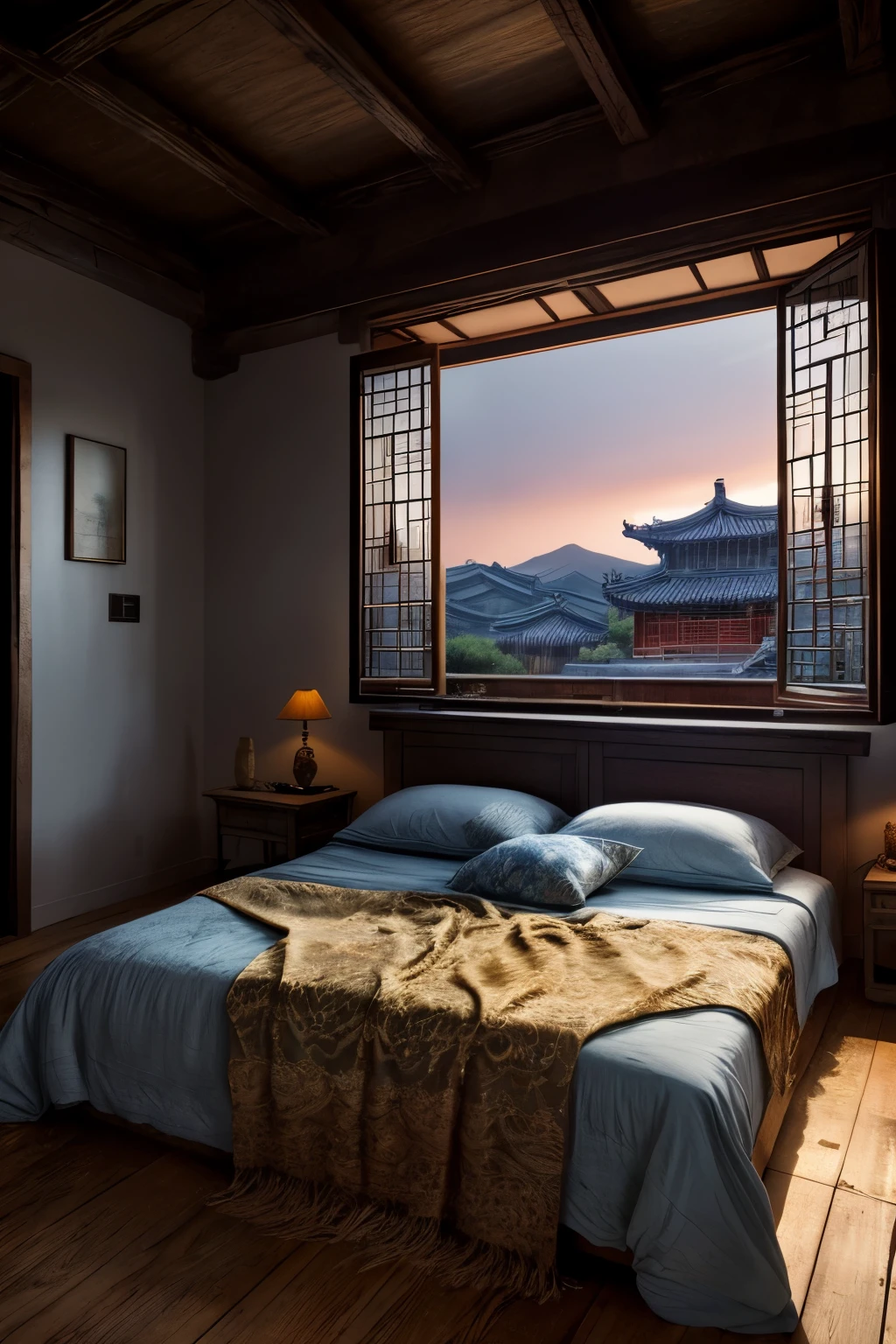 A masterpiece of photographic artistry, this captivating image showcases a warm and cozy bedroom, adorned with soft, aged furnishings and illuminated by the gentle glow of twilight. The large window serves as a welcoming frame, revealing an ancient Chinese village bathed in the tranquil shimmer of moonlight and the soft brushstrokes of the night. The ambience is further accentuated by the intricate play of cinematic light, crafted through the delicate art of side-lighting. The RAW quality of the image lends a vibrant and realistic texture to the scene, from the worn wooden floorboards to the delicately layered fabric of the bed