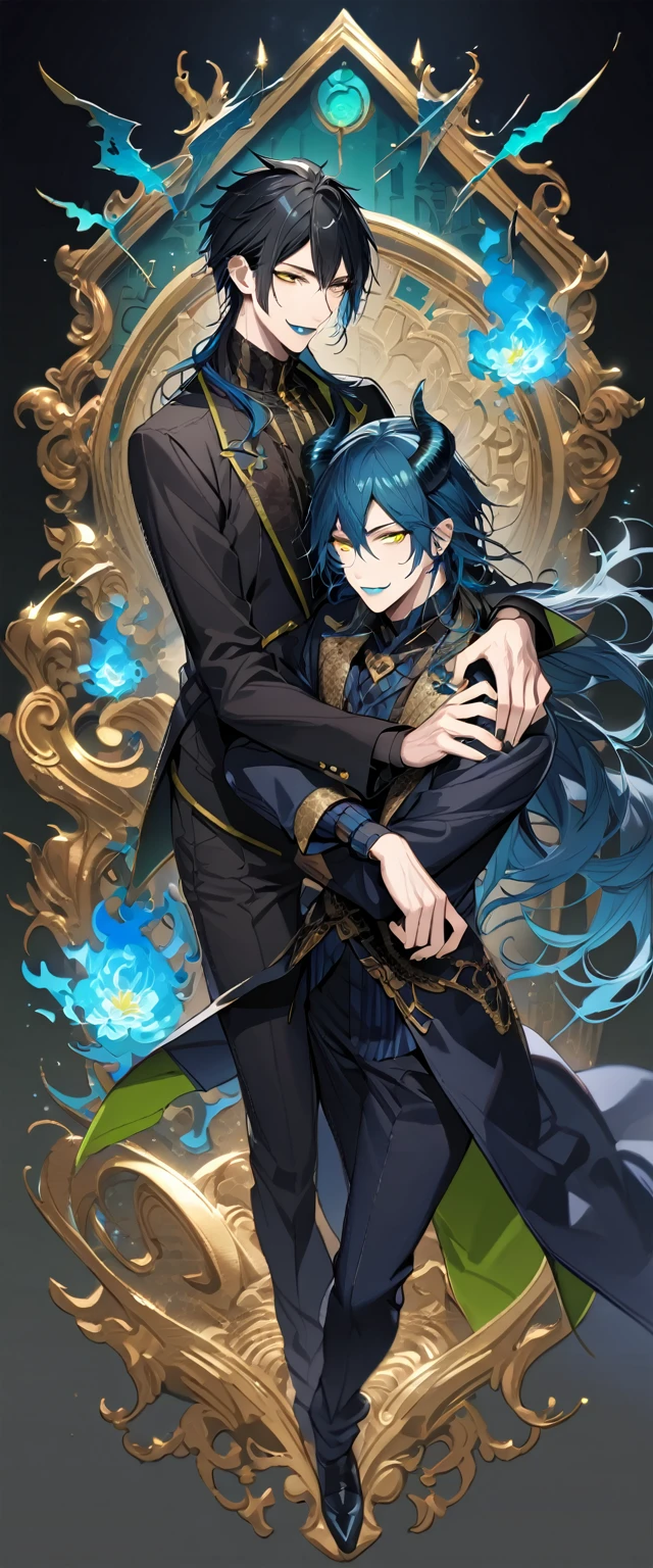 (pieces fly), (highest quality), very detailed, ((two men)), perfect face, beautiful face, very detailed face,full body shot, (black haired man:1.3),(blue haired man:1.3),suit,shirt,smile,flower, (1st boy,Idia Shroud, bishounen, boy, male, extremely long hair, blue hair, blue fire hair, wavy hair, yellow eyes, tired expression, blue lips, handsome, skinny, geeky, blue glow, shark teeth,) (2nd boy, malleus draconia \(twisted wonderland\) horns, bishounen, boy, male, long hair, black hair, yellow green eyes, smile, gray lips, handsome, skinny, tall, yellow green glow,) Two men are hugging each,