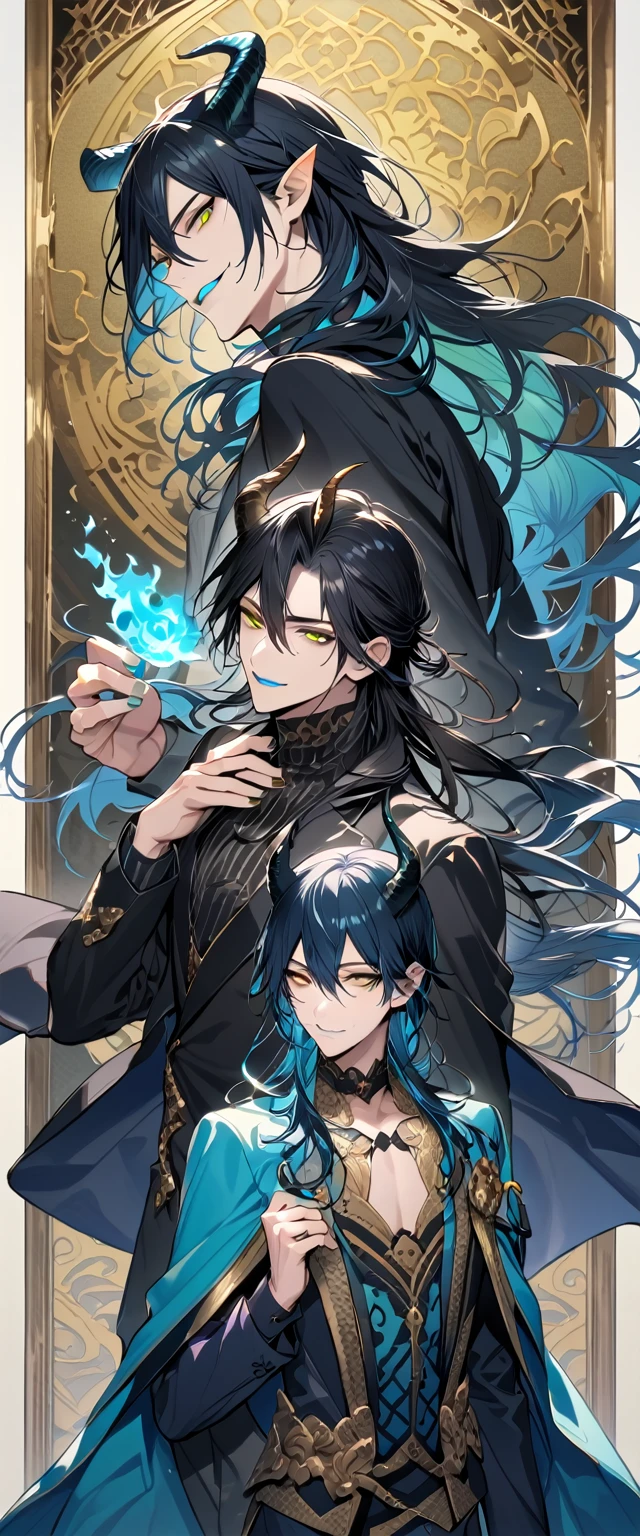 (pieces fly), (highest quality), very detailed, ((two men)), perfect face, beautiful face, very detailed face，full body shot, (black haired man:1.3)，(blue haired man:1.3)，suit，shirt，smile，flower, (1st boy,Idia Shroud, bishounen, boy, male, extremely long hair, blue hair, blue fire hair, wavy hair, yellow eyes, tired expression, blue lips, handsome, skinny, geeky, blue glow, shark teeth,) (2nd boy, malleus draconia \(twisted wonderland\) horns, bishounen, boy, male, long hair, black hair, yellow green eyes, smile, gray lips, handsome, skinny, tall, yellow green glow,)  Two men are hugging each,