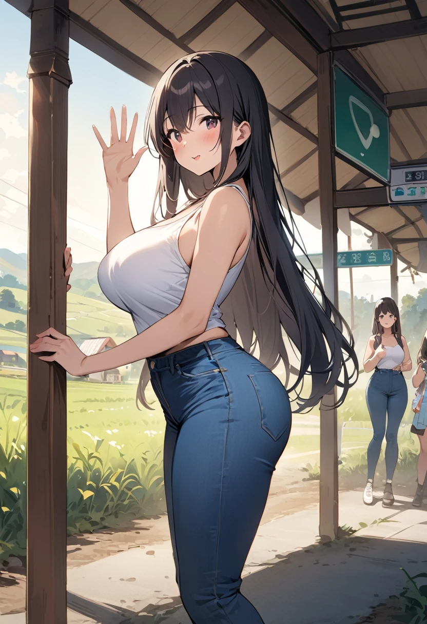 masterpiece、Highest quality、Best image quality、High resolution、Big Breasts、White tank top、jeans、Black Hair、Long Hair、Brown eyearried Woman、Bus stop in the countryside、Waving、Nobody is here、30th Generation、woman、Nobody is here