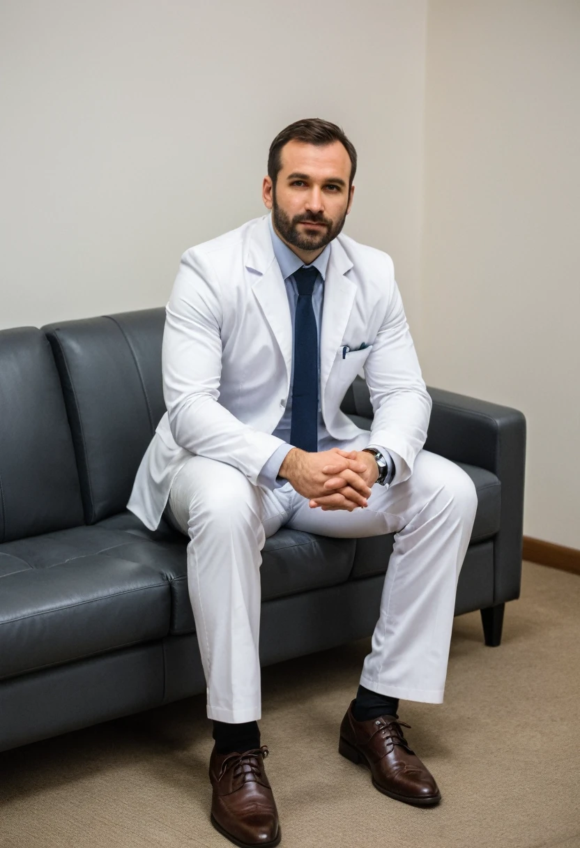 RAW photo, full body, a 35-year-old man, ((dressed as a lab Sales Manager)), is sitting on a guest sofa, looking towards the audience, wearing shoes, with both hands forward on his knees, straight forward position, in front of view angle,