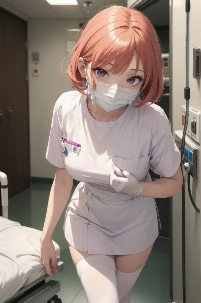 beautiful young woman, anime style, detailed face, red hair, wet hair, large eyes, pink eyes, delicate features,One Girl, alone, nurse, nurse cap, white, ((white legwear, zettai ryouiki)), white gloves, Very short hair, Orange Hair, ((white surgical mask, Covered Nose)), Are standing, ((Hospital room)), Sharp contours, Short sleeve, Tomboy, boyish, Highest quality, masterpiece、No hat、