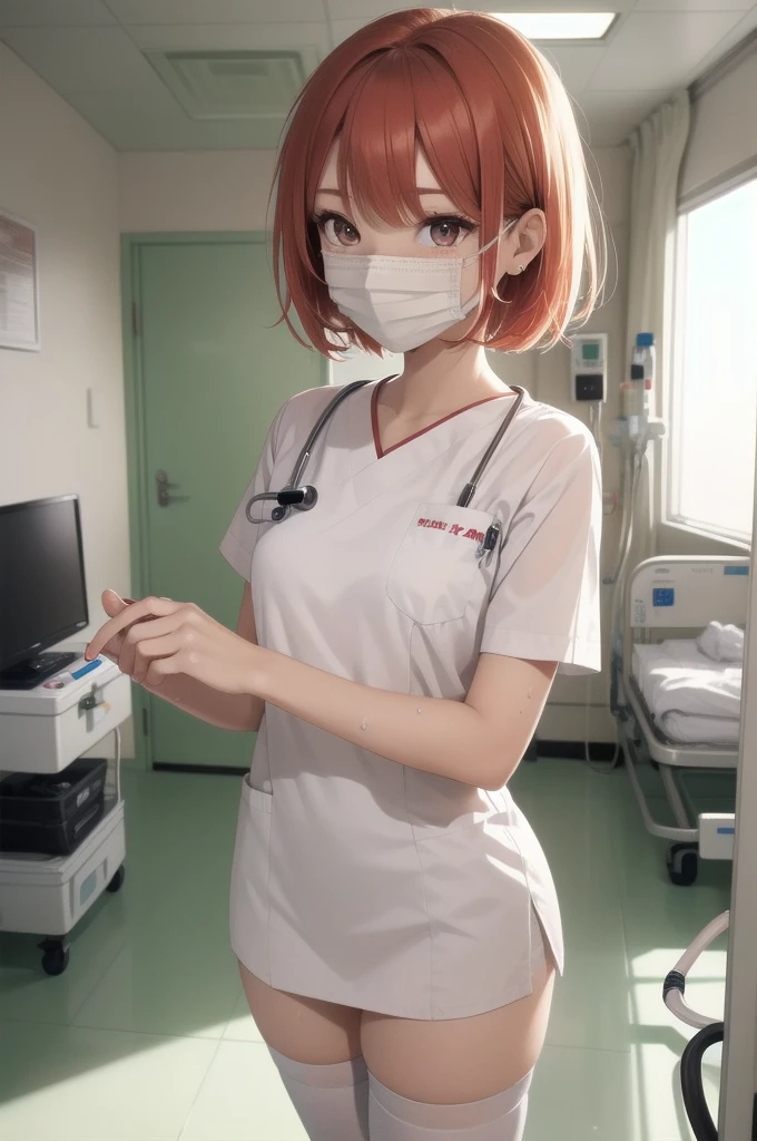 beautiful young woman, anime style, detailed face, red hair, wet hair, large eyes, pink eyes, delicate features,One Girl, alone, nurse, nurse cap, white, ((white legwear, zettai ryouiki)), white gloves, Very short hair, Orange Hair, ((white surgical mask, Covered Nose)), Are standing, ((Hospital room)), Sharp contours, Short sleeve, Tomboy, boyish, Highest quality, masterpiece、No hat、