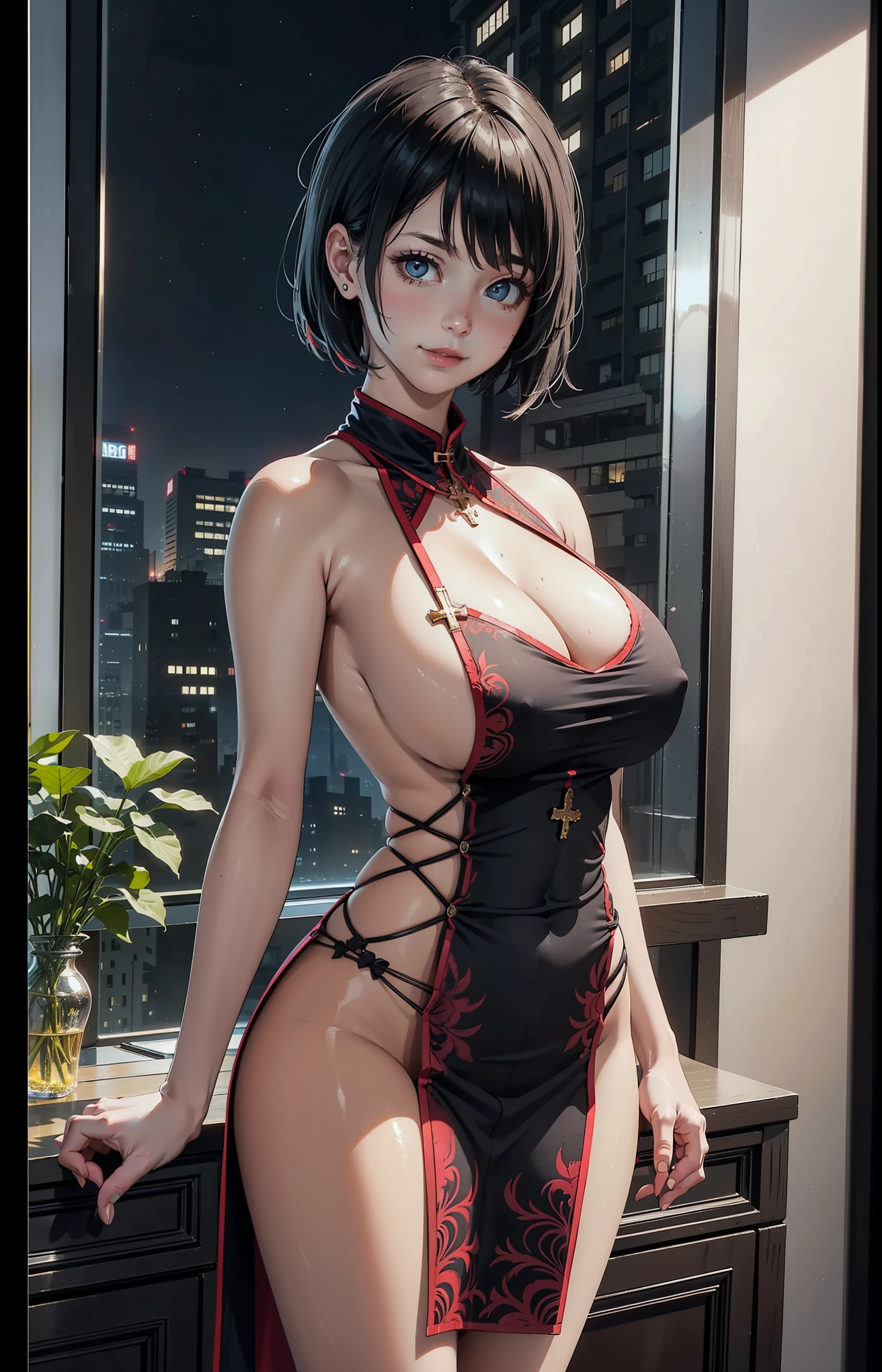 (Adult woman), (tomboy hair style:1.2),alone, masterpiece,huge breast, looking at viewer, detail eyes, (detail face:1.2), standing, (front view), (Sideless Cross-Laced China Dress), (half body shot:1.5), looking at viewer, (cleavage), red and black dress, smile, perfect breast, indoors, night