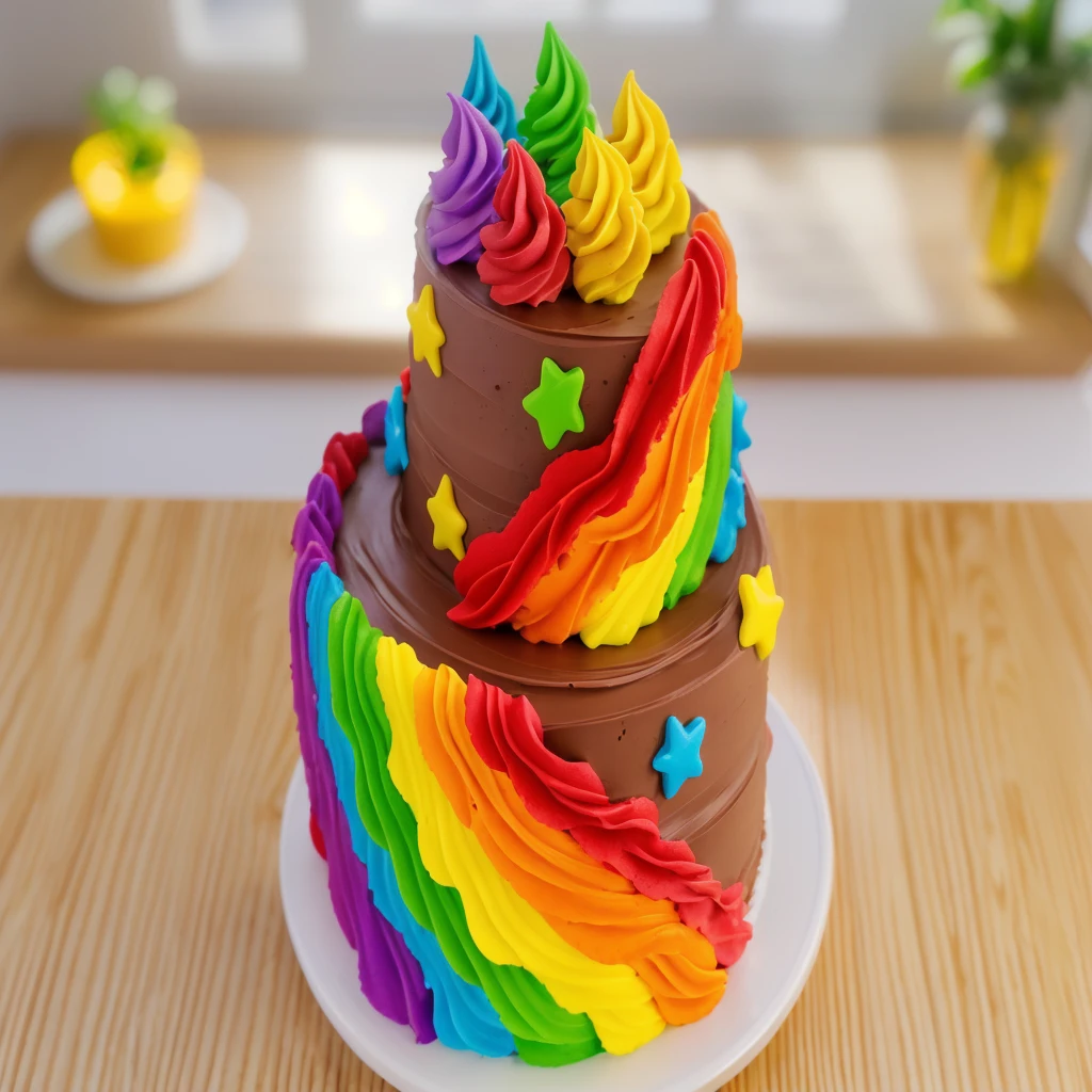 on a wooden table. there is a white plate. double tier chocolate cake ((chocolate cream texture, strokes of a pastry spatula)), rainbow cream in stitches, decorated with rainbow stars made of polymer clay, multi-colored cream on top ((cream highlights)), against the background of the kitchen, Beautiful light from the window, contour light, Multiple light sources, beautiful lighting, Bright light source, bright lighting, beautiful light sources, Multiple light sources, Realistic style , realistic texture, detailed texture, A high resolution, high quality, macro photography