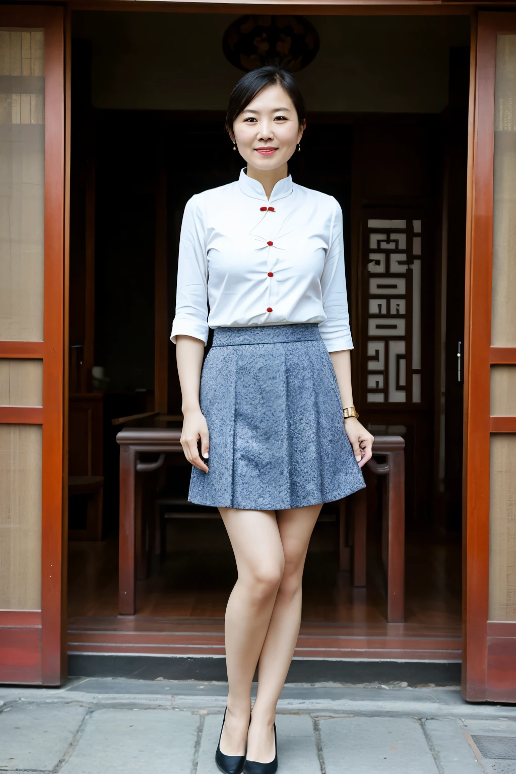 ((best quality)), ((masterpiece)), (detailed), 1girl, mature, chinese, woman, no sleeve, 45 years old, short skirt, bare leg,