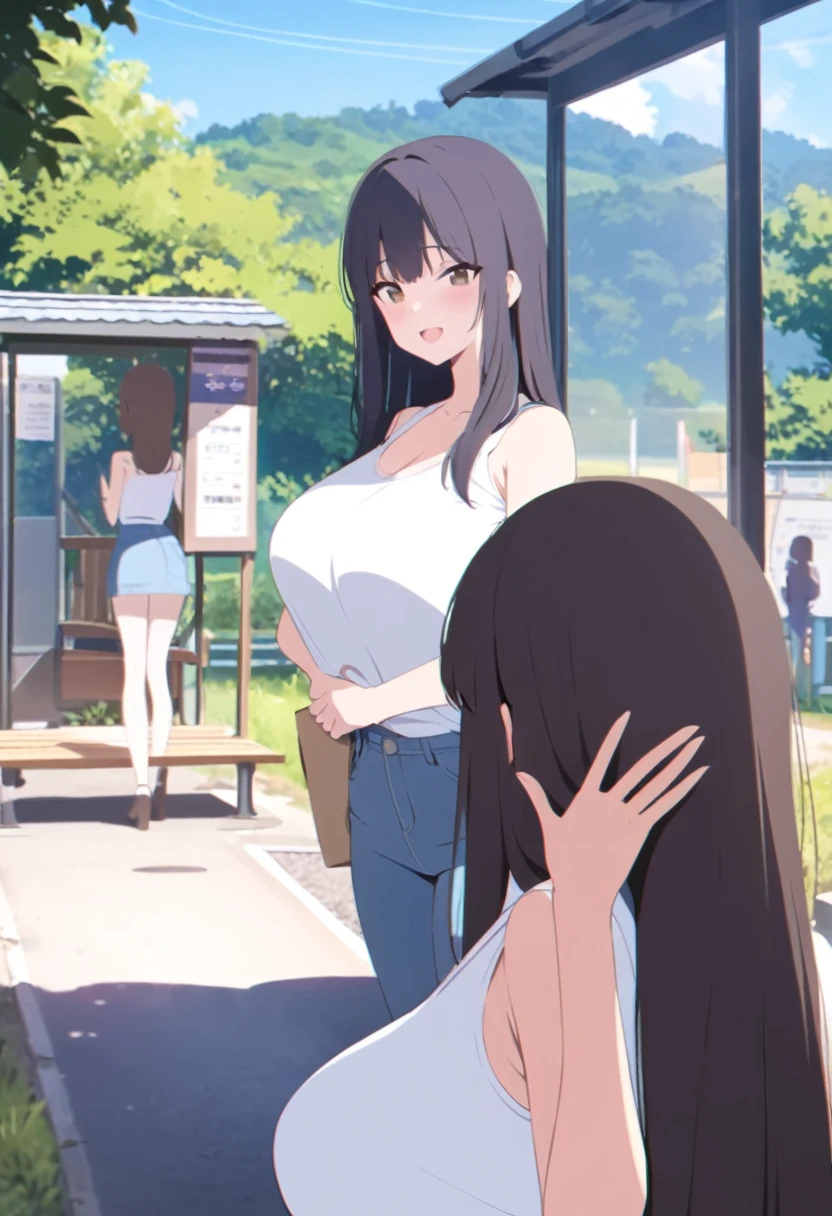 masterpiece、Highest quality、Best image quality、High resolution、Big Breasts、White tank top、jeans、Black Hair、Long Hair、Brown eyearried Woman、Bus stop in the countryside、Waving、Nobody is here、30th Generation、woman、Nobody is here