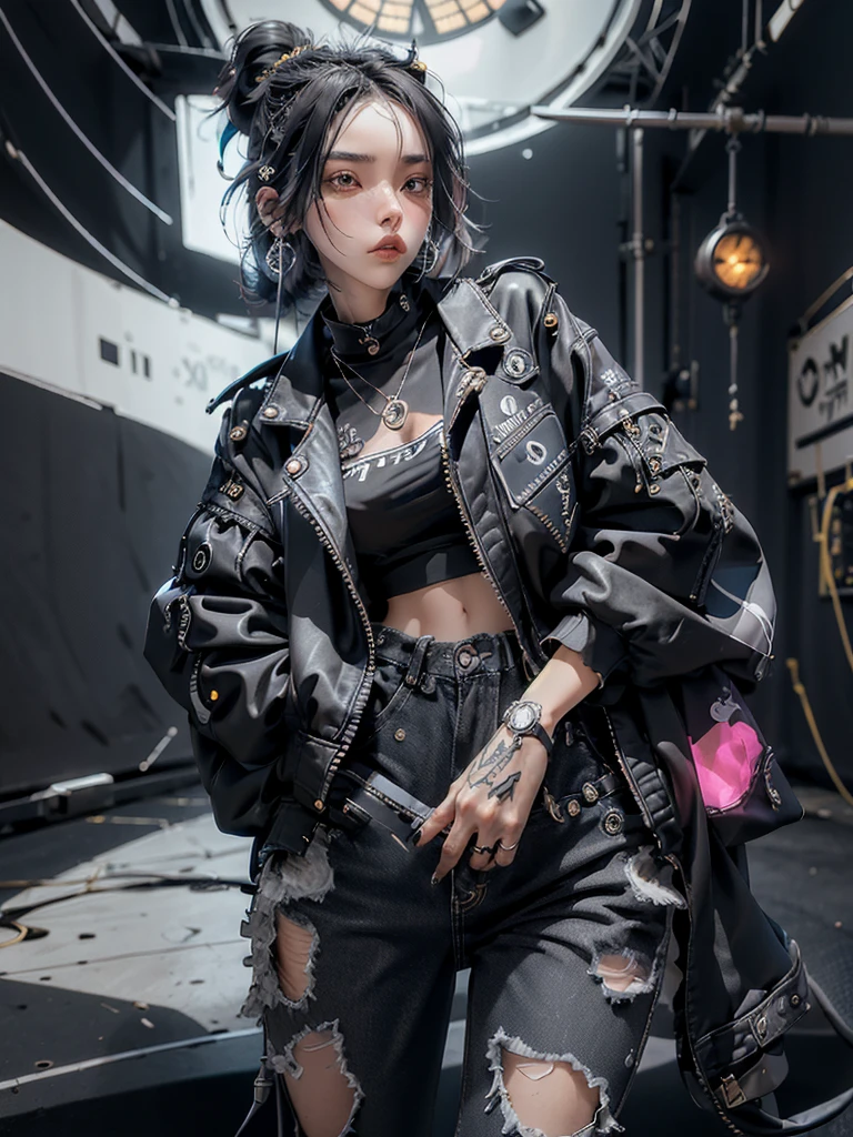 a woman, expressive graceful face, long straight black hair, emo style clothes, tight jeans and a black jacket, worn sneakers, playing a luminous guitar displays the complex components inside the guitar, move attractively, was on the concert stage, decorated with spotlights, very detail, texture detailed, HDR+,32k