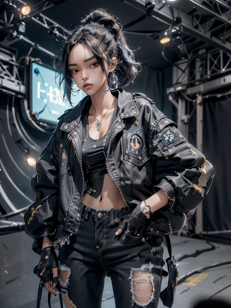 a woman, expressive graceful face, long straight black hair, emo style clothes, tight jeans and a black jacket, worn sneakers, playing a luminous guitar displays the complex components inside the guitar, move attractively, was on the concert stage, decorated with spotlights, very detail, texture detailed, HDR+,32k