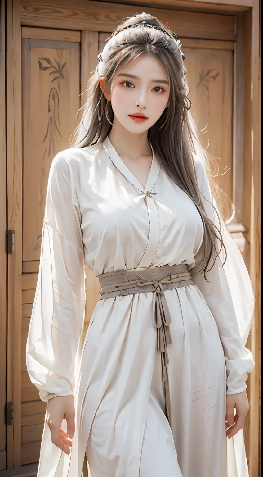 photorealestic, high resolution, 1 Frau, hips up high, beautiful eyes, Long hair, ringed eyes, jewellery, white hair, dunhuang_cloths, Hanfu