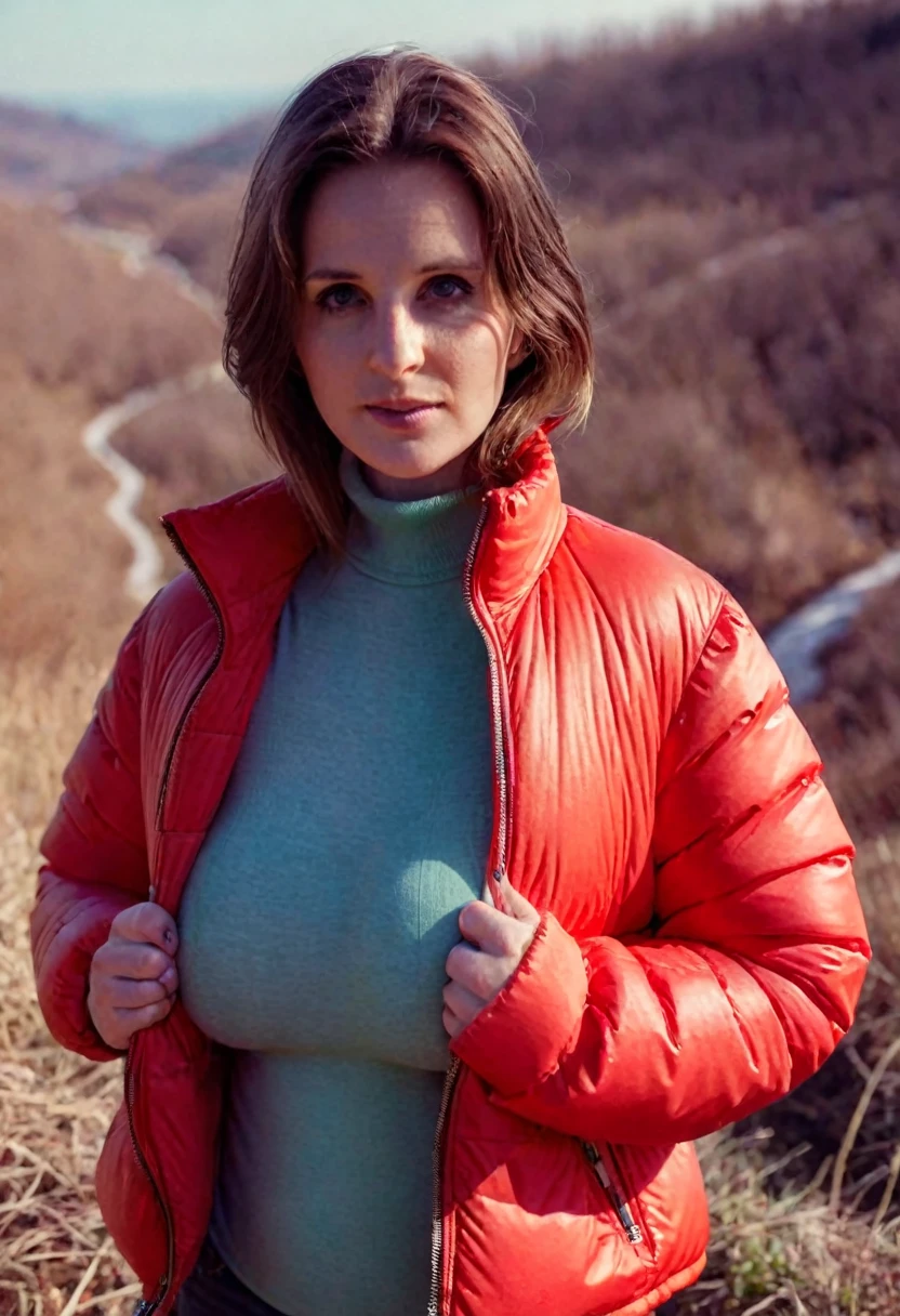 Make a woman with big saggy breast, red pufferjacket , with open zipper, with face, body, landscape, deep focus, vintage film grain, color correction retro style, soft lighting