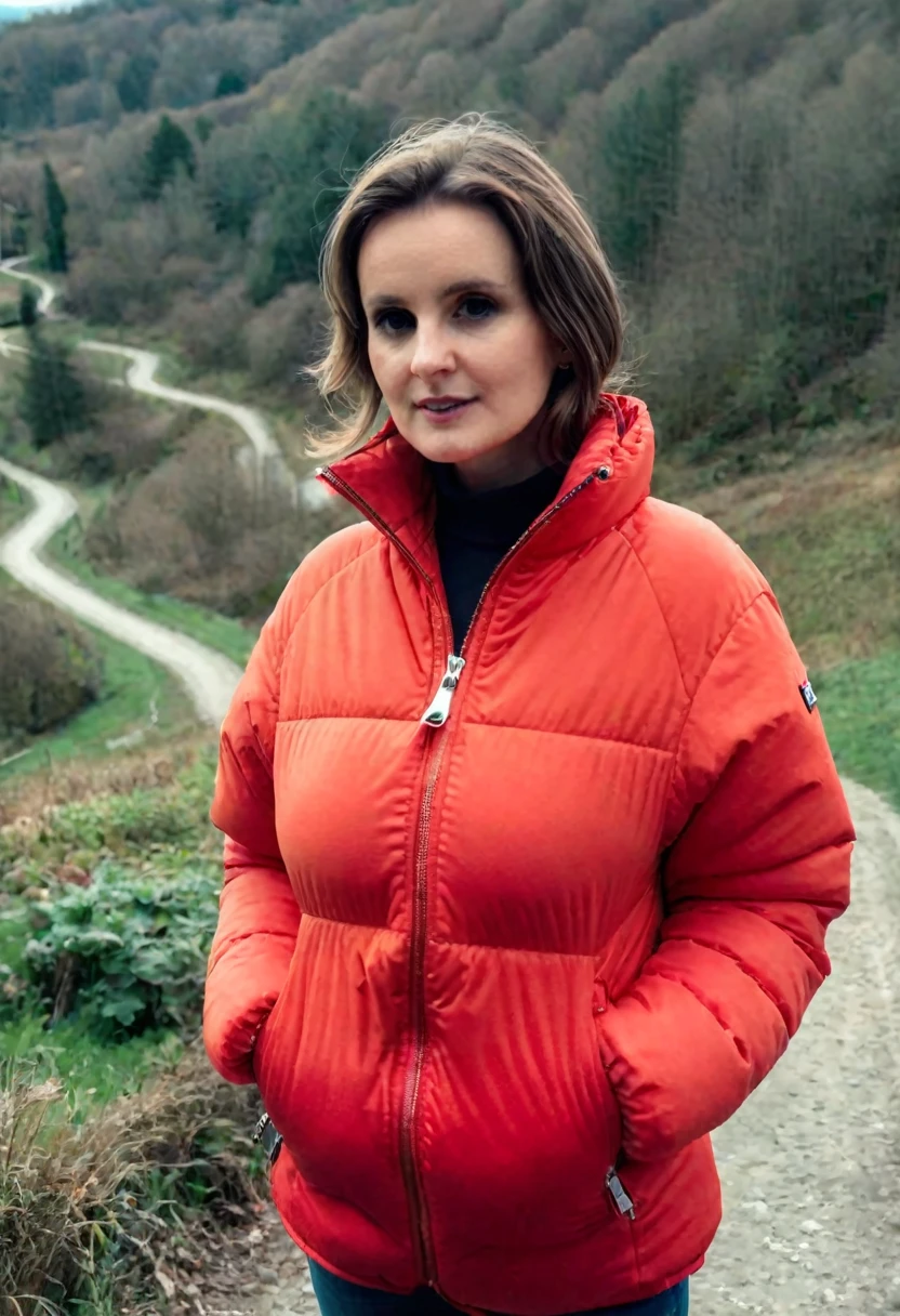 Make a woman with big saggy breast, red pufferjacket , with open zipper, with face, body, landscape, deep focus, vintage film grain, color correction retro style, soft lighting