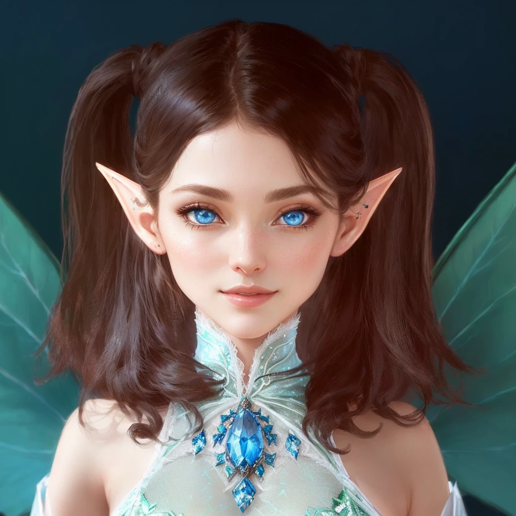 Close up of woman with fairy costume and blue eyes, Highly detailed fantasy character, Smirking elf character, Brunette elf with fairy wings, elf girl, Pixie Character, 매우 아름다운 Portrait of an elf, Female elves, Highly detailed characters, Portrait of an elf, elf princess, a Portrait of an elf, Blue Elf, portrait of a fairy