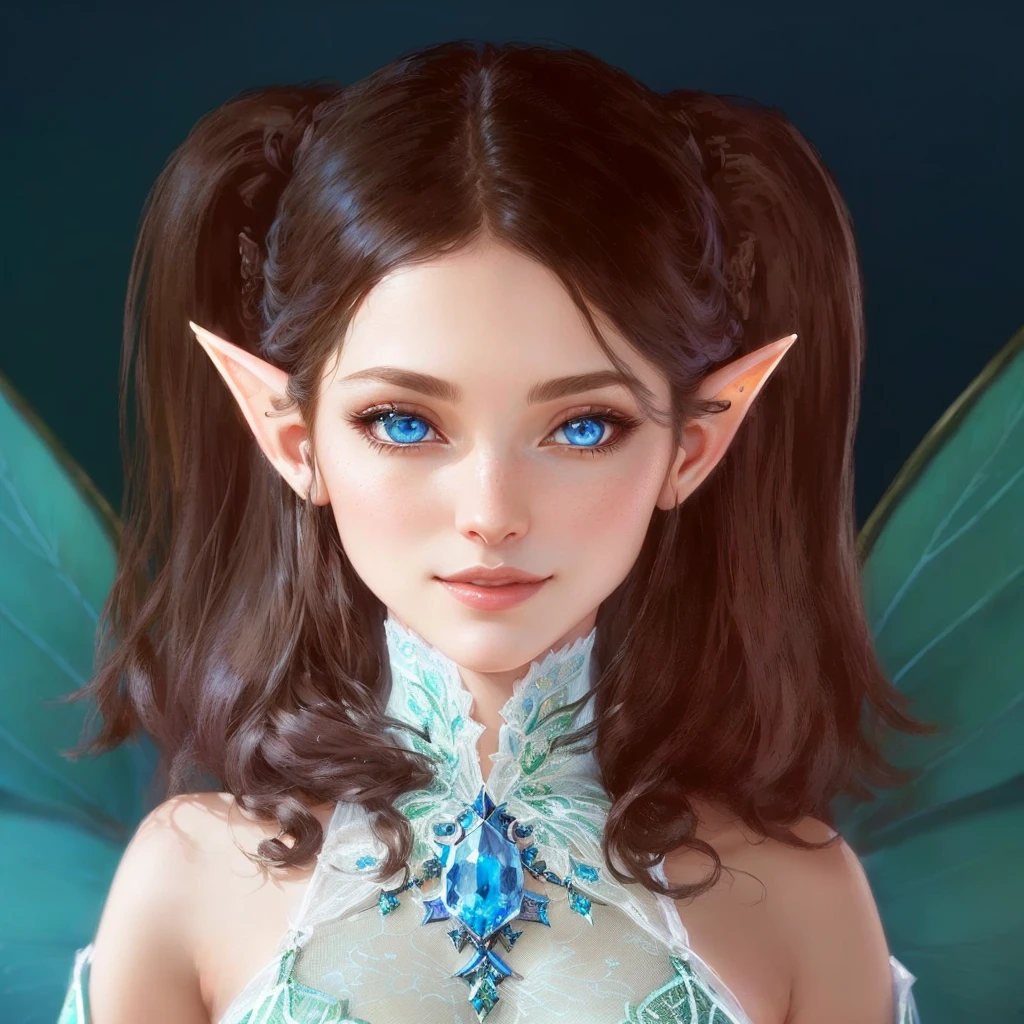 Close up of woman with fairy costume and blue eyes, Highly detailed fantasy character, Smirking elf character, Brunette elf with fairy wings, elf girl, Pixie Character, 매우 아름다운 Portrait of an elf, Female elves, Highly detailed characters, Portrait of an elf, elf princess, a Portrait of an elf, Blue Elf, portrait of a fairy