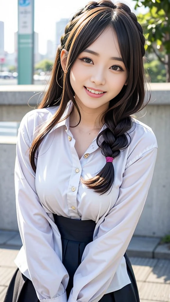 Raw photo、Ultra-realistic、Ultra detailed face、Detail lips、Detailed eyes、High school girl smiling showing her teeth、Long Hair:1.1、chest、Visible curves、Laughing with your mouth open 、Tokyo city角、 Whole body、( Slender body)、(Long Hair)、Big Breasts、Idol、(pastel colour)、18-year-old、Small face、Braid、 Tokyo city、Long beautiful legs 1.2、Curved waist、flower、uniform、blouse、Wide forehead