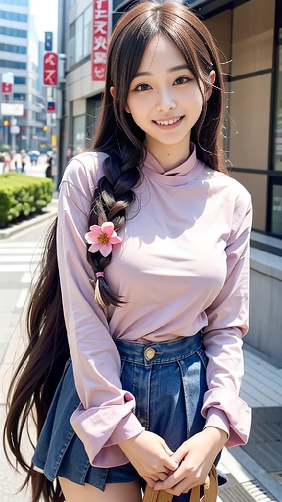 Raw photo、Ultra-realistic、Ultra detailed face、Detail lips、Detailed eyes、High school girl smiling showing her teeth、Long Hair:1.1、chest、Visible curves、Laughing with your mouth open 、Tokyo city角、 Whole body、( Slender body)、(Long Hair)、Big Breasts、Idol、(pastel colour)、18-year-old、Small face、Braid、 Tokyo city、Long beautiful legs 1.2、Curved waist、flower、uniform、blouse、Wide forehead