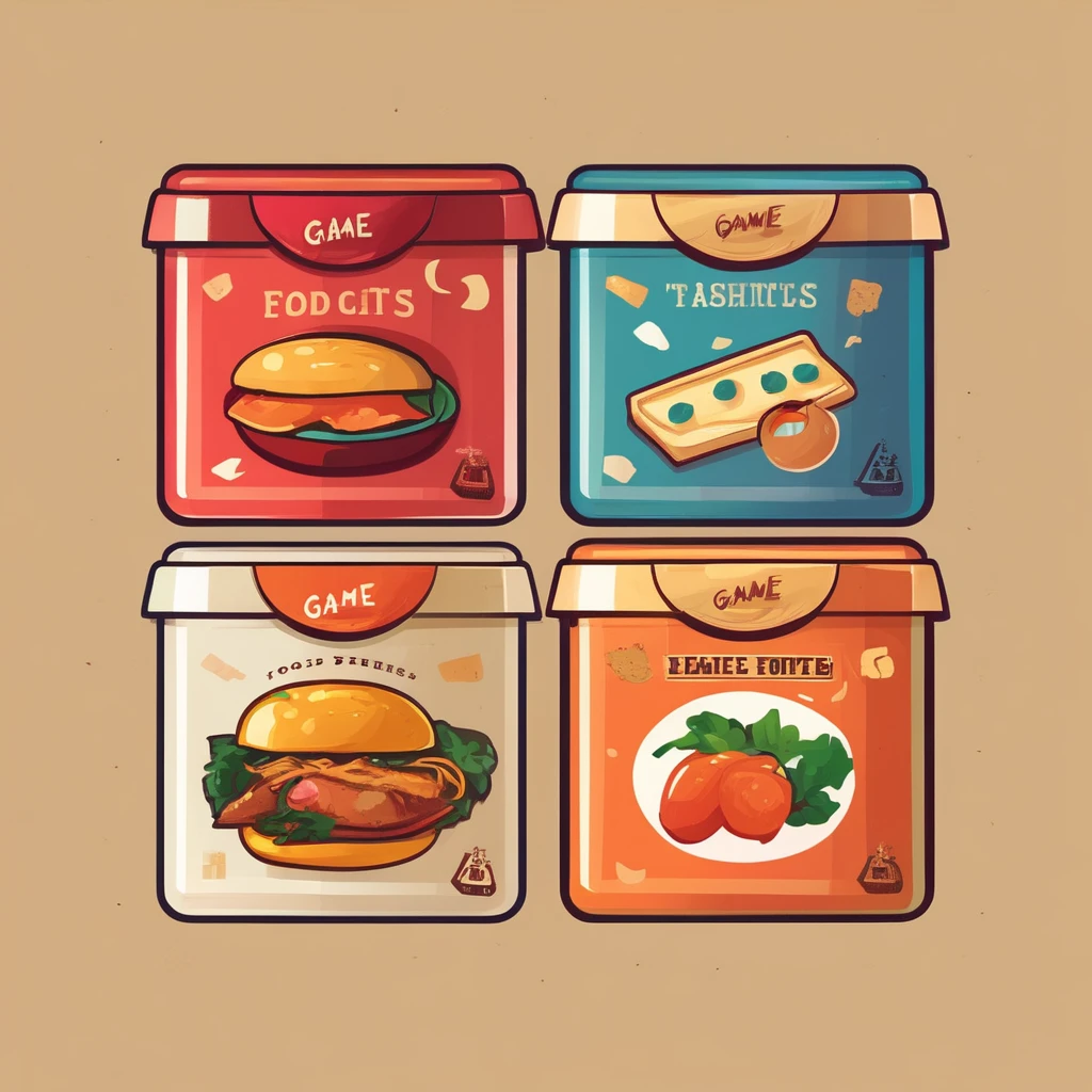 {food box}, { Game icons }, Worn Label, Simple Illustration, Brand Logo, Moderate Saturation, solid color background, correct, logo, dusty, Realism