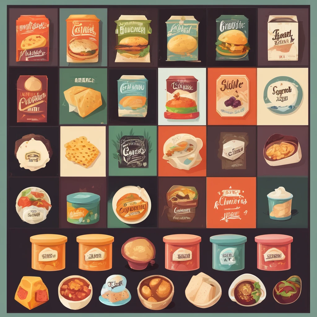 {food box}, { Game icons }, Worn Label, Simple Illustration, Brand Logo, Moderate Saturation, solid color background, correct, logo, dusty, Realism