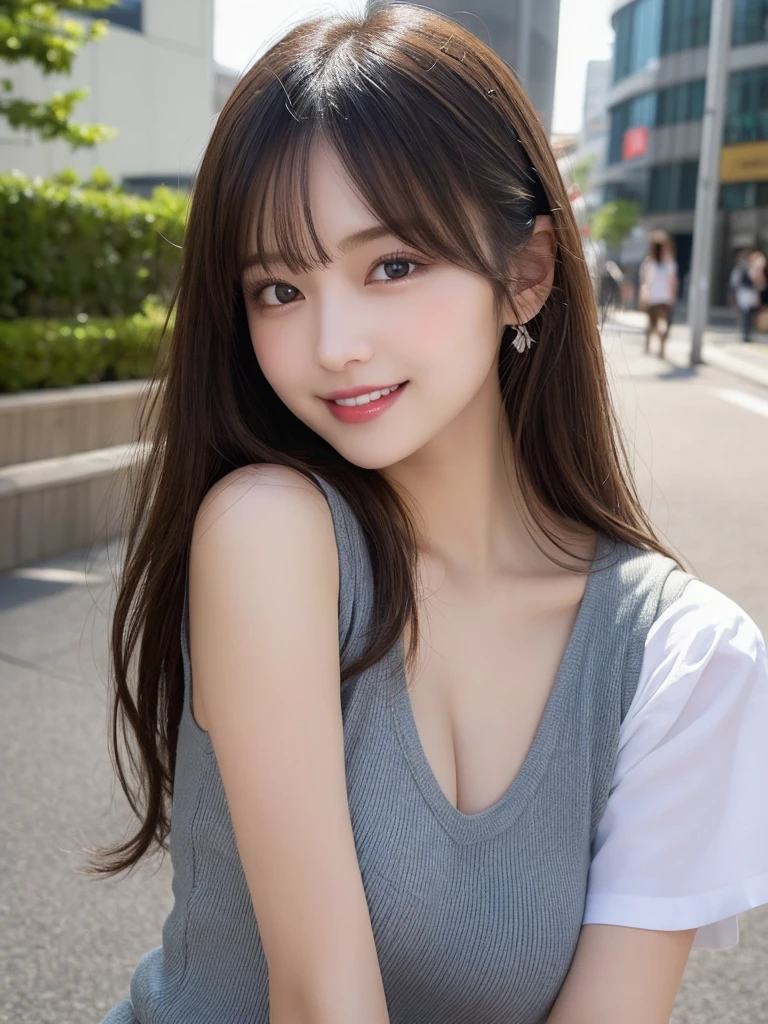 masutepiece, Best Quality, Illustration, Ultra-detailed, finely detail, hight resolution, 8K Wallpaper, Perfect dynamic composition, Beautiful detailed eyes, Women's Fashion Summer,Medium Hair,Small breasts natural color lip, Bold sexy poses,Smile,Harajuku、20 years girl、Cute、Sexy shot looking at camera